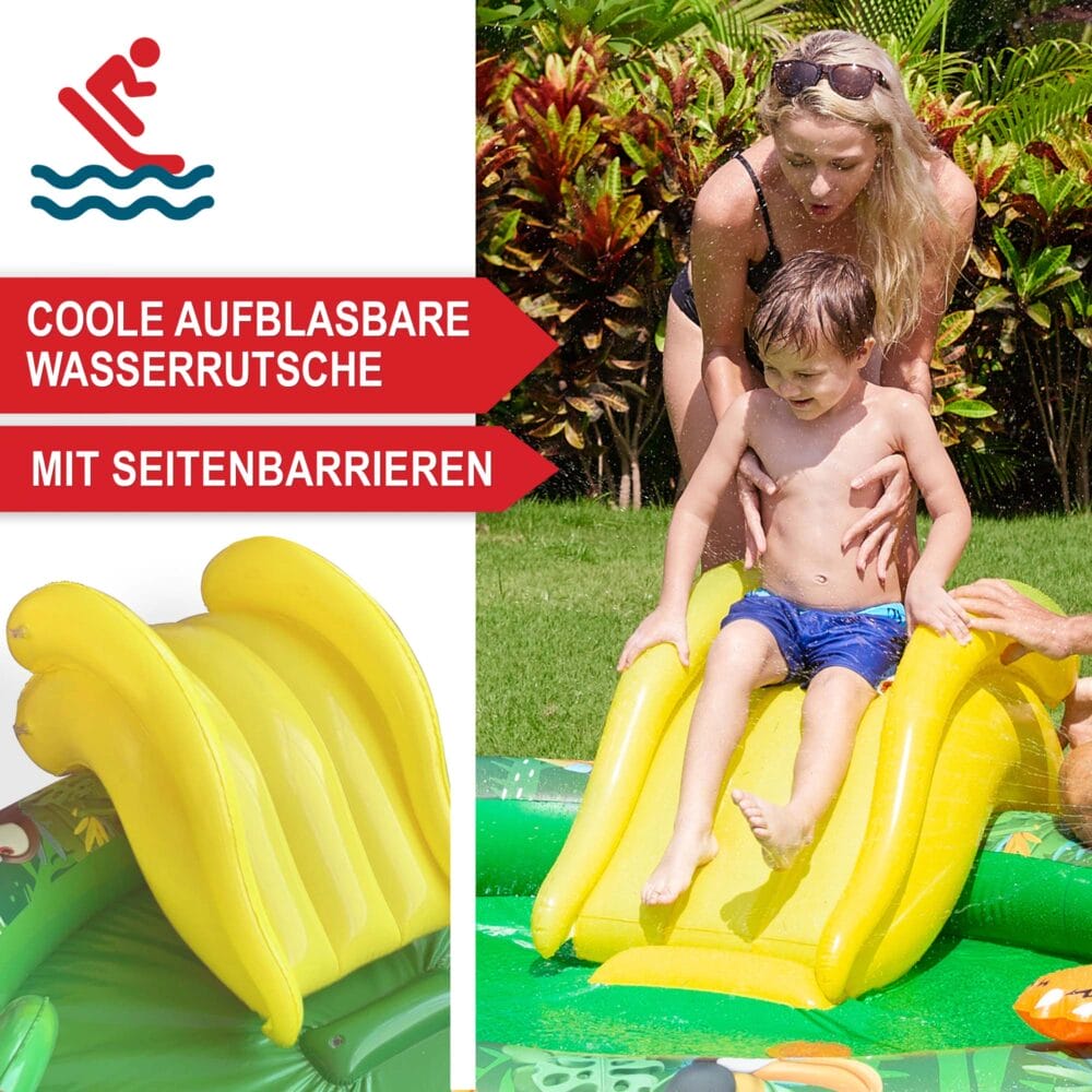 Kinder-Planschbecken mit Rutsche im Dschungel-Design, Größe 182x62x165 cm.